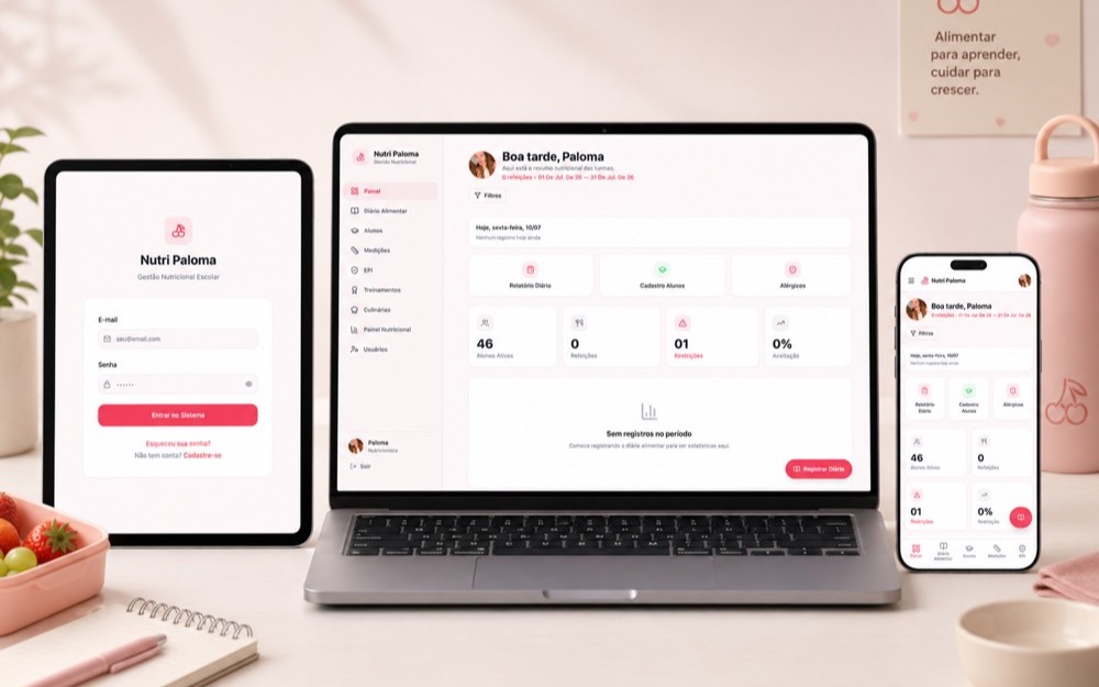 App de frequência alimentar escolar, painel de gestão